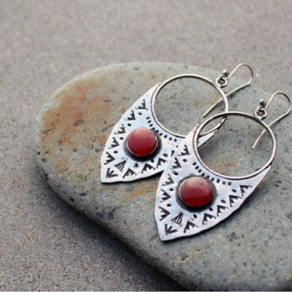 Sterling Silver 925 Handmade Carnelian Gemstone Earrings - Boho Ethnic Triangle - Picture 3 of 8